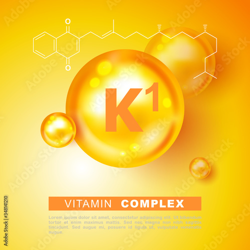 Vitamin K1 sign. Vector illustration. Vitamin gold shining pill capsule icon. Phylloquinone, menaquinones. Vitamin K1 gold shining pill capcule icon. Shining golden substance drop. Meds for heath ads
