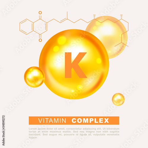 Vitamin K1 sign. Vector illustration. Vitamin gold shining pill capsule icon. Phylloquinone, menaquinones. Vitamin K1 gold shining pill capcule icon. Shining golden substance drop. Meds for heath ads