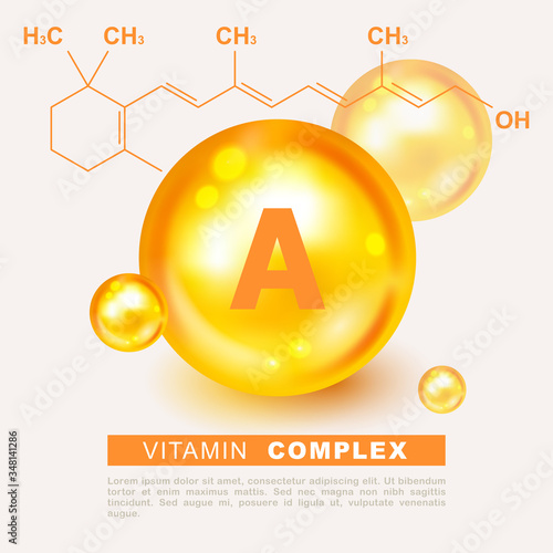 Vitamin gold shining pill capsule icon. Vitamin A. Retinol Retinol, retinal, beta carotene. Shining golden substance drop. Meds for heath ads