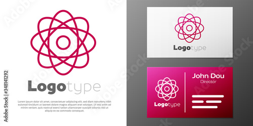 Logotype line Atom icon isolated on white background. Symbol of science, education, nuclear physics, scientific research. Logo design template element. Vector