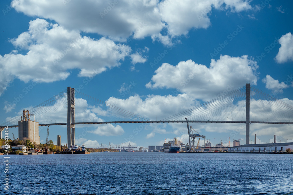 Suspension Bridge Over Savannah River by freight docks