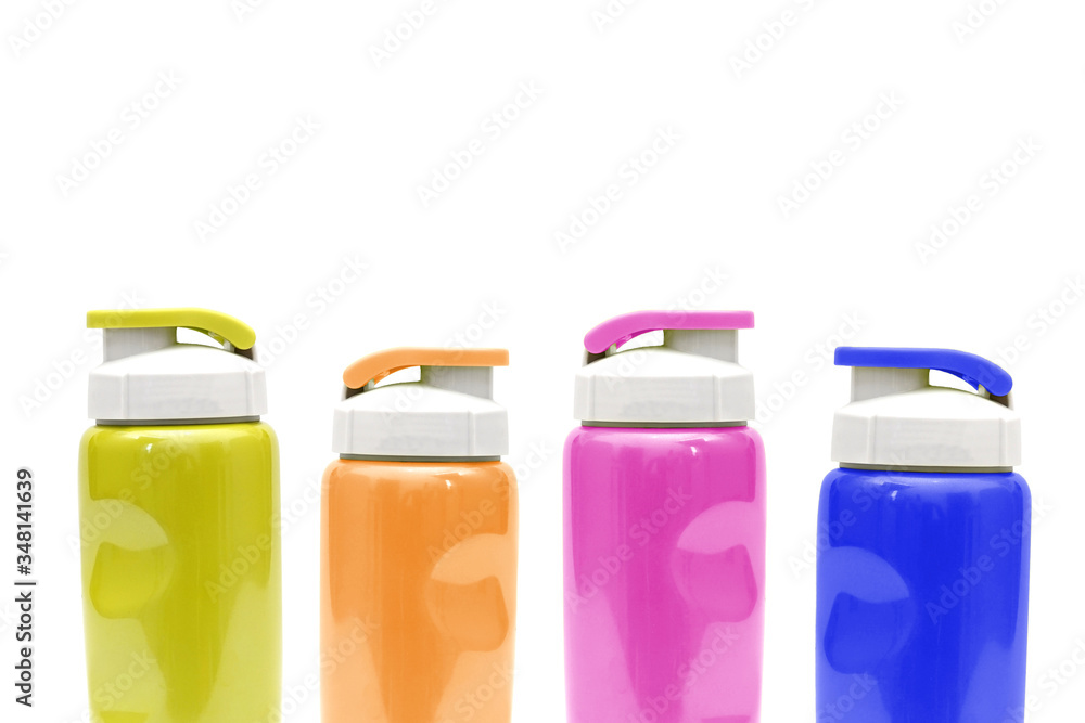 Bunch of colorful fancy tin tumbler bottle isolated on white Bunch of colorful fancy tin tumbler bottle isolated on white