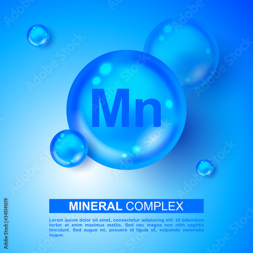 Mineral blue shining pill capsule icon. Mn Manganum Vector. Mineral Blue Pill Icon. Vitamin Capsule Pill Icon. Substance For Beauty, Cosmetic, Heath Promo Ads Design. 3D Mineral Complex Mn Manganum