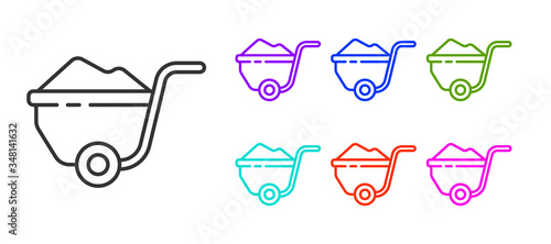 Black line Wheelbarrow with dirt icon isolated on white background. Tool equipment. Agriculture cart wheel farm. Set icons colorful. Vector