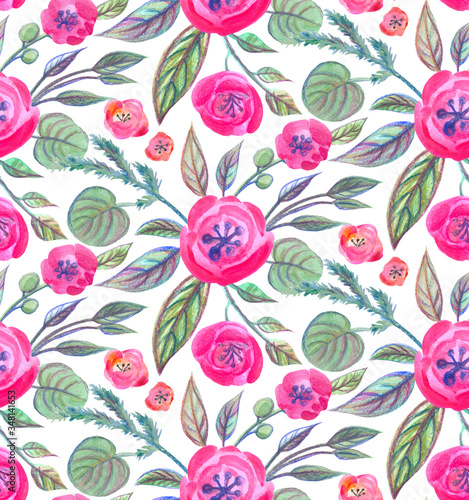 seamless pattern with pink flowers drawn with watercolor pencils and paints on a white background