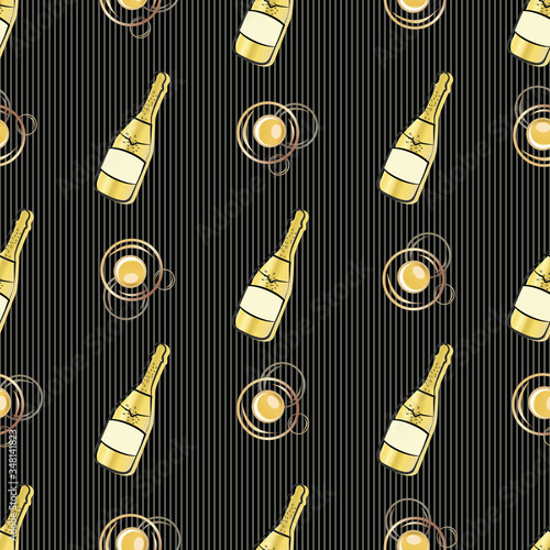 Champagne bubbles vector seamless pattern background. Hand drawn bottles, glasses, fizzy drink black gold stripe backdrop. Elegant sparkling wine repeat illustration. All over print for celebration
