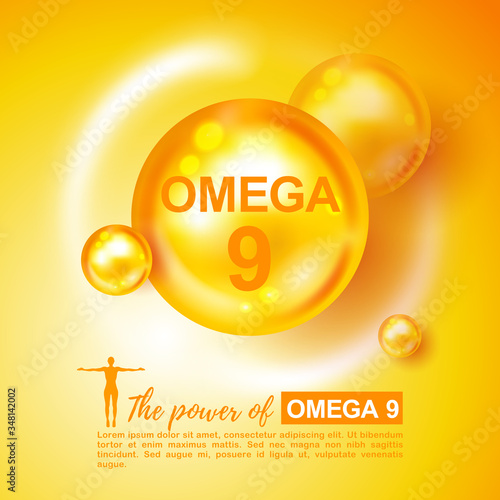 Vitamin Omega 9 vector illustration. Vitamin Omega-9 Fatty Acids gold shining pill. Omega-9. Vitamin complex with Chemical formula Dietary supplement. Shining golden substance drop. Omega-9