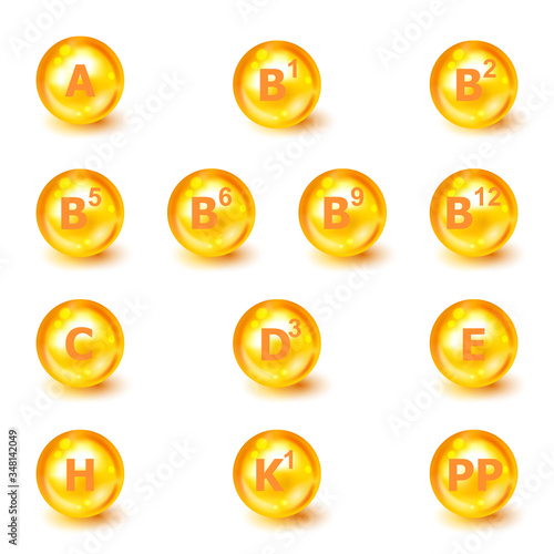 Vitamin A, B1, B2, B5, B6, B9, B12, C, D3, E, H, K1, PP. Vitamin complex. Icon set. Vector illustration. Nutrition sign vector concept. The power of vitamin. Vitamins group set. Healthy life concept