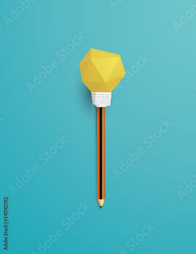 Creativity vector concept with lightbulb on top of pencil in 3d polygonal design. Symbol of innovation, invention.