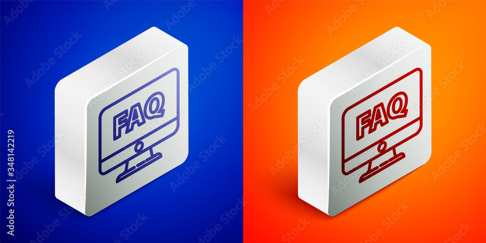Isometric line Computer monitor and FAQ icon isolated on blue and orange background. Adjusting, service, setting, maintenance, repair, fixing. Silver square button. Vector Isometric line Computer monitor and FAQ icon isolated on blue and orange background. Adjusting, service, setting, maintenance, repair, fixing. Silver square button. Vector