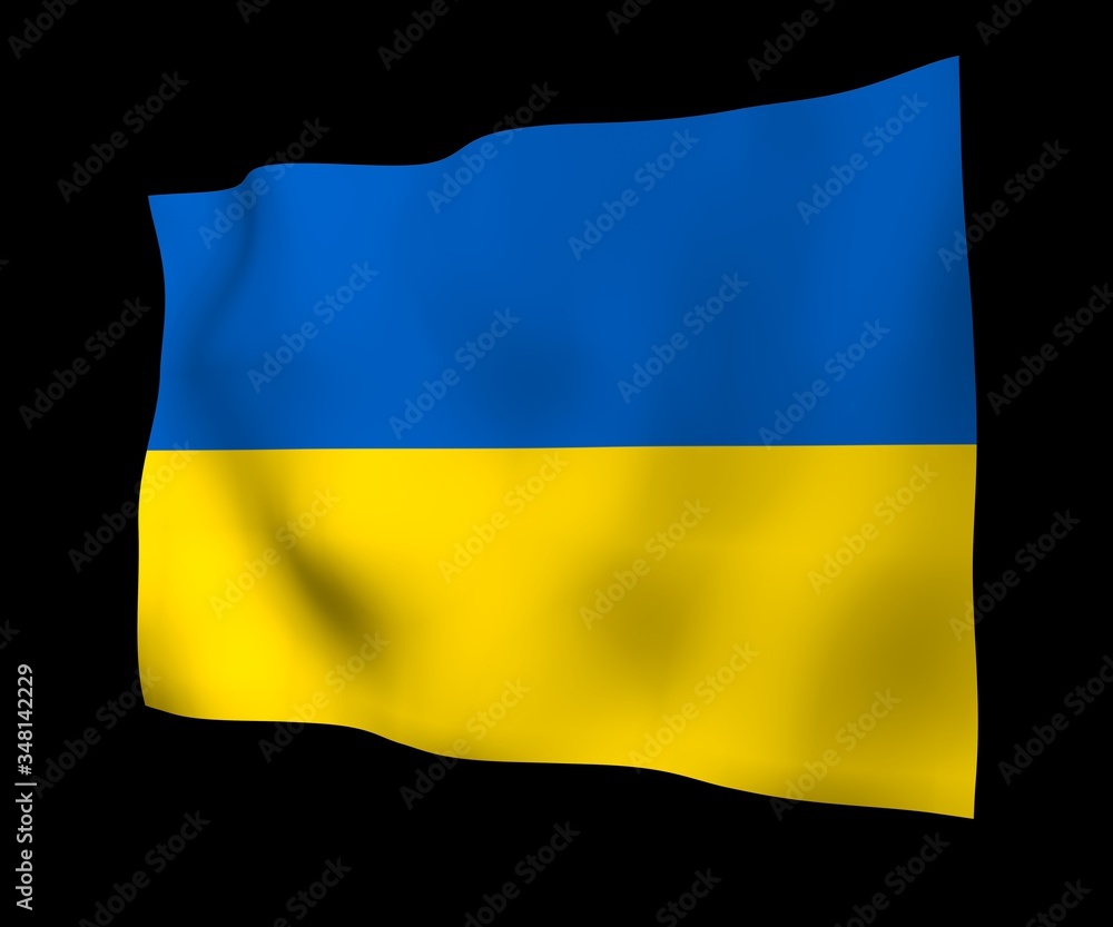 Obraz premium The flag of Ukraine on a dark background. National flag and state ensign. Blue and yellow bicolour. 3D illustration waving flag