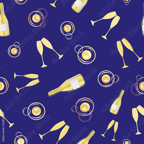 Champagne bubbles vector seamless pattern background. Hand drawn bottles, glasses, fizzy drink indigo gold backdrop. Elegant sparkling wine repeat illustration. All over print for party celebration