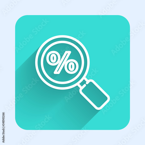 White line Magnifying glass with percent icon isolated with long shadow. Discount offers searching. Search for discount sale sign. Green square button. Vector