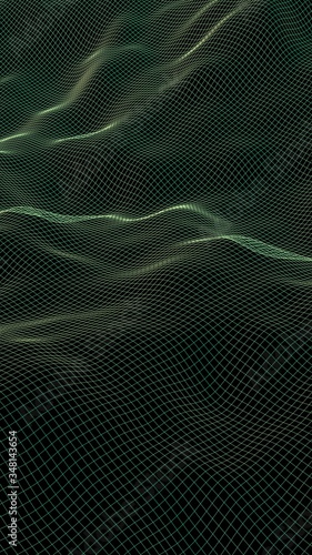 Abstract landscape background. Cyberspace green grid. hi tech network. 3D illustration