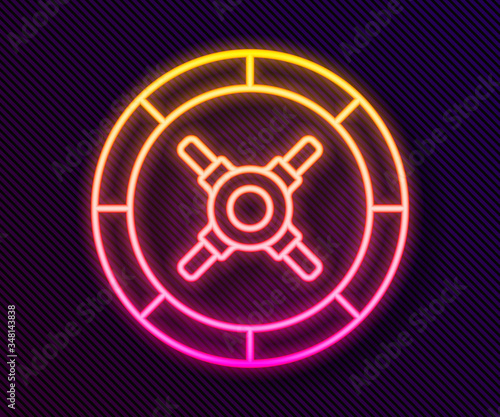 Glowing neon line Safe icon isolated on black background. The door safe a bank vault with a combination lock. Reliable Data Protection. Vector