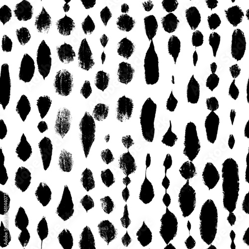 Simple black and white pattern of dots, dashes, spots, brushstroke. Hand illustration, dry brush. Zigzags, spring, circles. Scandinavian style, design for wallpaper, fabric, textile. © Katya Lisich