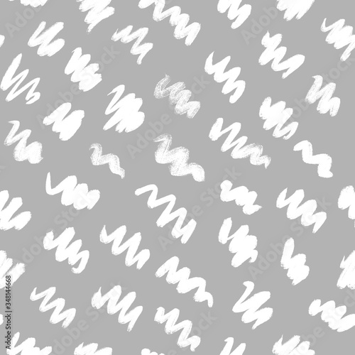 Simple black and white pattern of dots, dashes, spots, brushstroke. Hand illustration, dry brush. Zigzags, spring, circles. Scandinavian style, design for wallpaper, fabric, textile.
