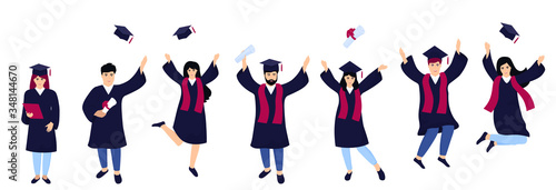 A group of students in graduation gowns celebrate completion of studies. Boys and girls having fun jump and toss up mortarboards and diplomas
