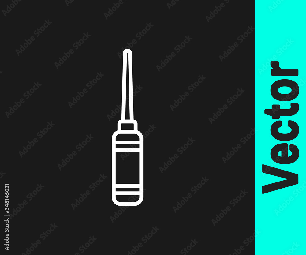 White line Awl tool with wooden handle icon isolated on black background. Work equipment tailor industry. Vector White line Awl tool with wooden handle icon isolated on black background. Work equipment tailor industry. Vector