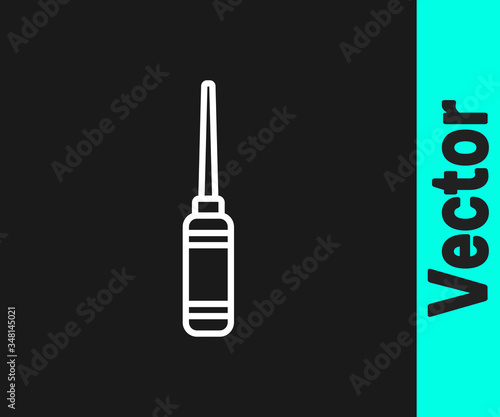 White line Awl tool with wooden handle icon isolated on black background. Work equipment tailor industry. Vector
