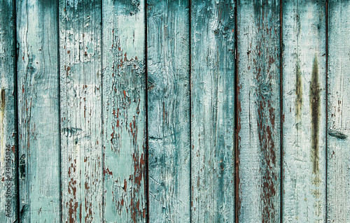 Shabby wood texture. Vintage wooden fence, desk surface. Natural color. Weathered timber, background. Green old planks.