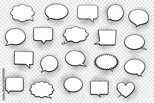 Empty white speech bubbles with halftone shadows on transparent background photo