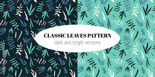 Classic leaves pattern. Botanical nature summer, spring print set for apparel, textile, fabric, wrapping paper, design, background. Cyan, white, blue and black pastel tender colours. EPS10, 