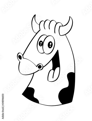 Cute funny crazy cow head smiling with tongue out. Isolated black and white character cartoon style vector illustration.