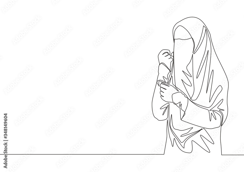 Single continuous line drawing of young beauty Asian muslimah wearing burqa while holding her hand. Traditional beautiful muslim woman niqab with hijab concept one line draw design vector illustration