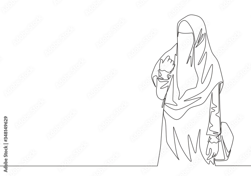One continuous line drawing of young attractive Asian muslimah wearing burqa while carrying pocet bag. Traditional beauty Islamic woman niqab dress concept single line draw design vector illustration One continuous line drawing of young attractive Asian muslimah wearing burqa while carrying pocet bag. Traditional beauty Islamic woman niqab dress concept single line draw design vector illustration