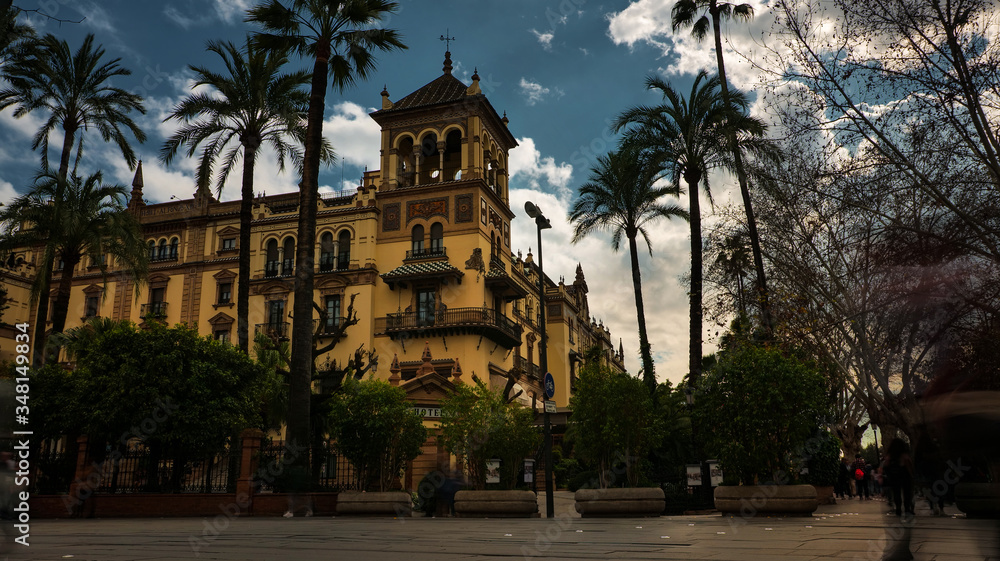 Seville, Spain - February 18th, 2020 - Hotel Alfonso XIII on the busy street of San Fernando in Seville City, Spain.