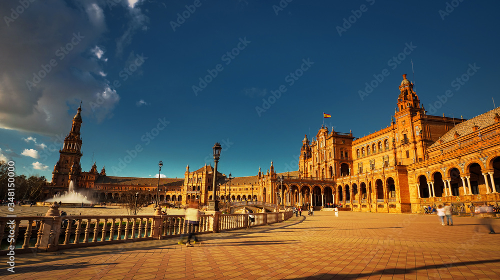 Seville, Spain - February 18th, 2020 - Plaza de España / Spain Square of the pavilion Buildings with beautiful Architecture details in Seville City Center.