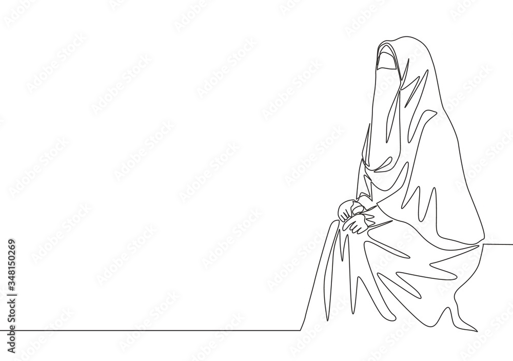 One single line drawing of young attractive middle east muslimah wearing burqa sitting on chair. Traditional beautiful Arabian woman niqab cloth concept continuous line draw design vector illustration One single line drawing of young attractive middle east muslimah wearing burqa sitting on chair. Traditional beautiful Arabian woman niqab cloth concept continuous line draw design vector illustration