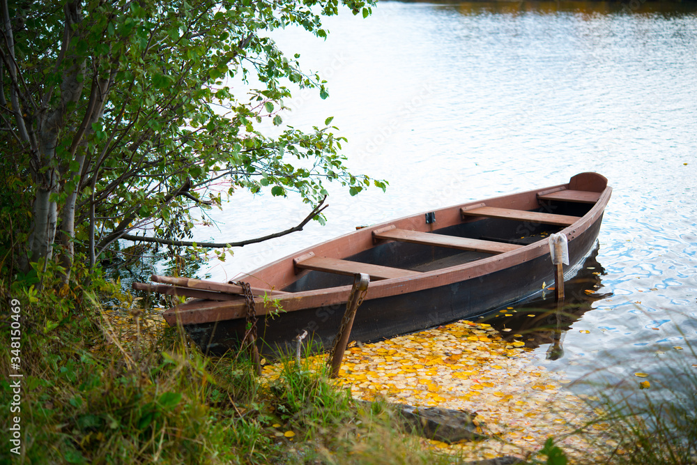 Wooden boat in the pond in the autumn Park, autumn landscape, Golden autumn