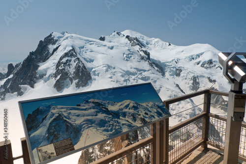 Mirador situado sobre la Aiguille du Midi con vistas sobre el macizo y la cumbre del Mont Blanc (4810 m), en los Alpes franceses. photo