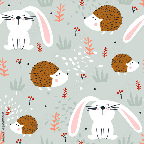 Hedgehogs, bunnies, hand drawn backdrop. Colorful seamless pattern with animals. Decorative cute wallpaper, good for printing. Overlapping colored background vector. Design illustration
