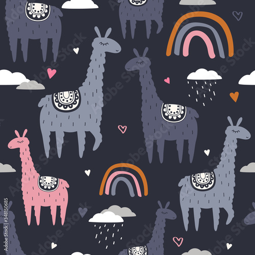 Lamas, hand drawn backdrop. Colorful seamless pattern with animals, sky. Decorative cute wallpaper, good for printing. Overlapping background vector, happy alpacas. Llama