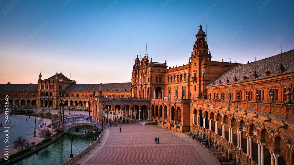 Seville, Spain - February 20th, 2020 - Spain Square (Plaza España) in Seville, the capital of Andalusia. One of the symbols of the city and a popular landmark.
