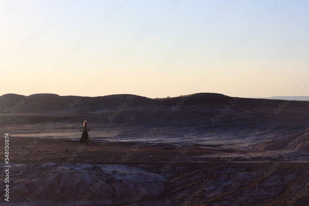 Lonely silhouette of young woman walking in beautiful martian background 
