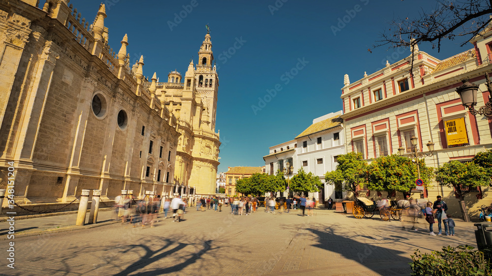 Seville, Spain - February 15th, 2020 - Seville Cathedral with beautiful architecture details in Seville City Center Spain.