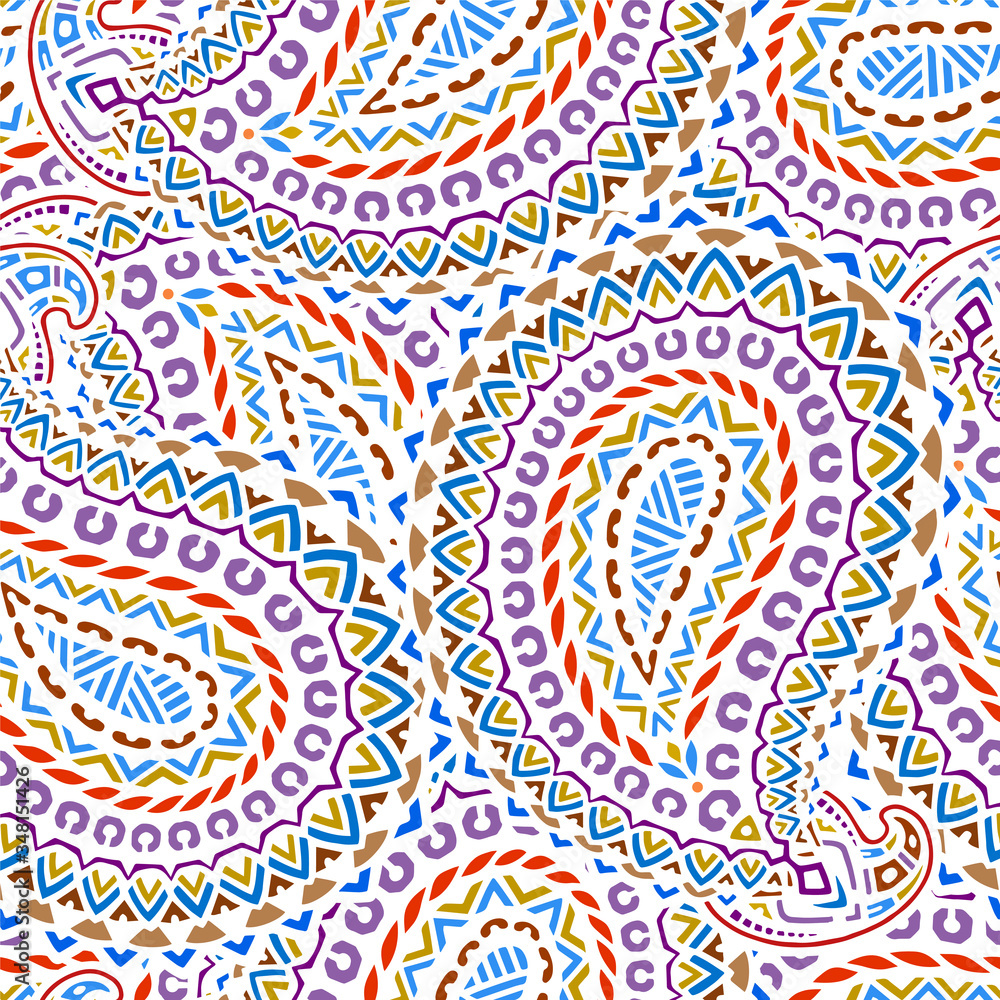 Seamless pattern based on traditional oriental paisley elements, Indian, Turkish, Persian cucumber. Suitable for textiles, fabrics, wallpapers, wrapping paper. Vector illustration.