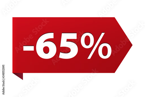 Discount minus 65 percent Banner ribbon red icon isolated on white background. Vector illustration