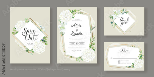 Wedding Invitation card, save the date, thank you, rsvp template. Vector. White lily, Hydrangea flower with greenery.