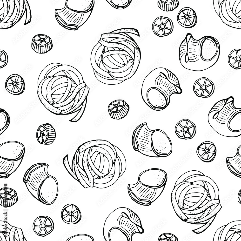 Seamless pasta pattern. Fettuccine, Rotelle, Pipe regate isolated on white background. Line art. Stock illustration. Seamless pasta pattern. Fettuccine, Rotelle, Pipe regate isolated on white background. Line art. Stock illustration.