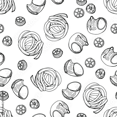 Seamless pasta pattern. Fettuccine, Rotelle, Pipe regate isolated on  white background.  Line art. Stock illustration.