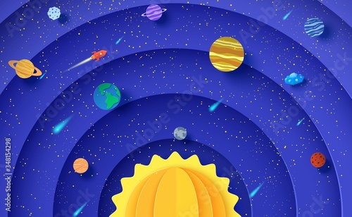 Solar system model in paper cut style. Round layers galaxy space with cartoon planets, red polygonal rocket, comets and origami UFO. 3d vector background with flying saucer in starry night sky.