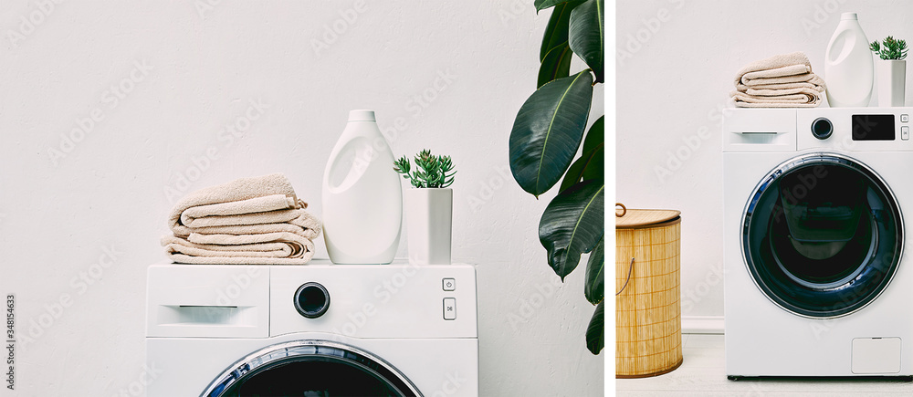 collage of detergent bottles and towels on washing machines near laundry basket and green plants in bathroom - obrazy, fototapety, plakaty 