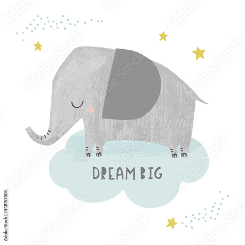 Dream big - baby and kids nursery art poster. Cute elephant on a cloud with stars in hand drawn style. Baby shower invitation, greeting card, vector illustrations.