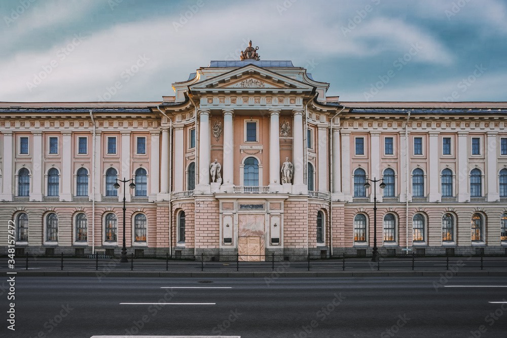 Saint Petersburg street, beautiful facades of historical buildings on Vasilievsky island