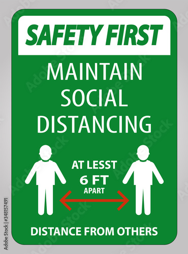 Safety First Maintain Social Distancing At Least 6 Ft Sign On White Background,Vector Illustration EPS.10